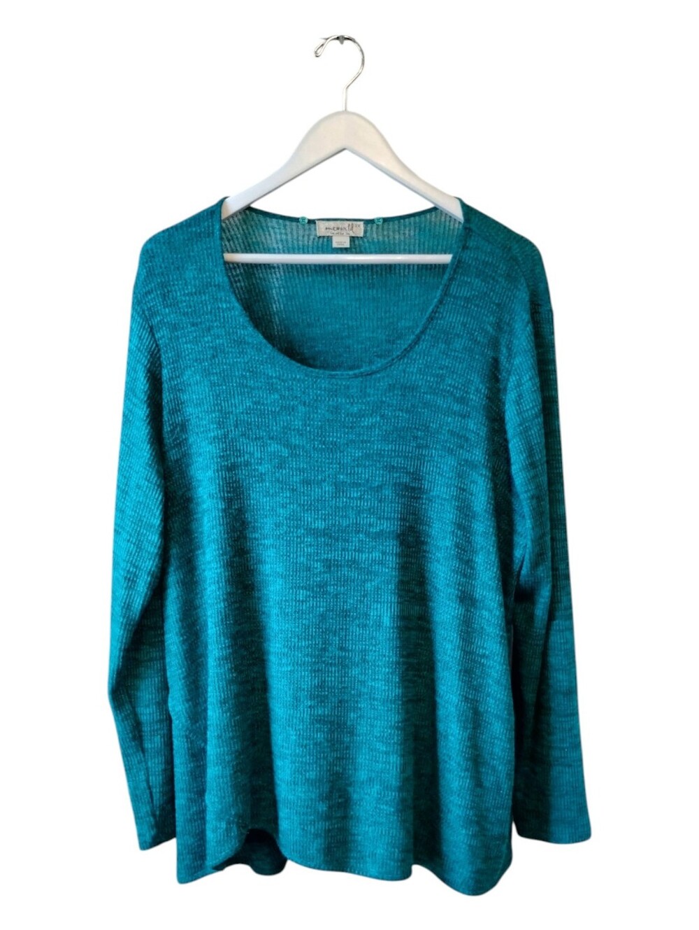 One World Top Teal Green Long Sleeve Plus Size Tulip Hem 2X